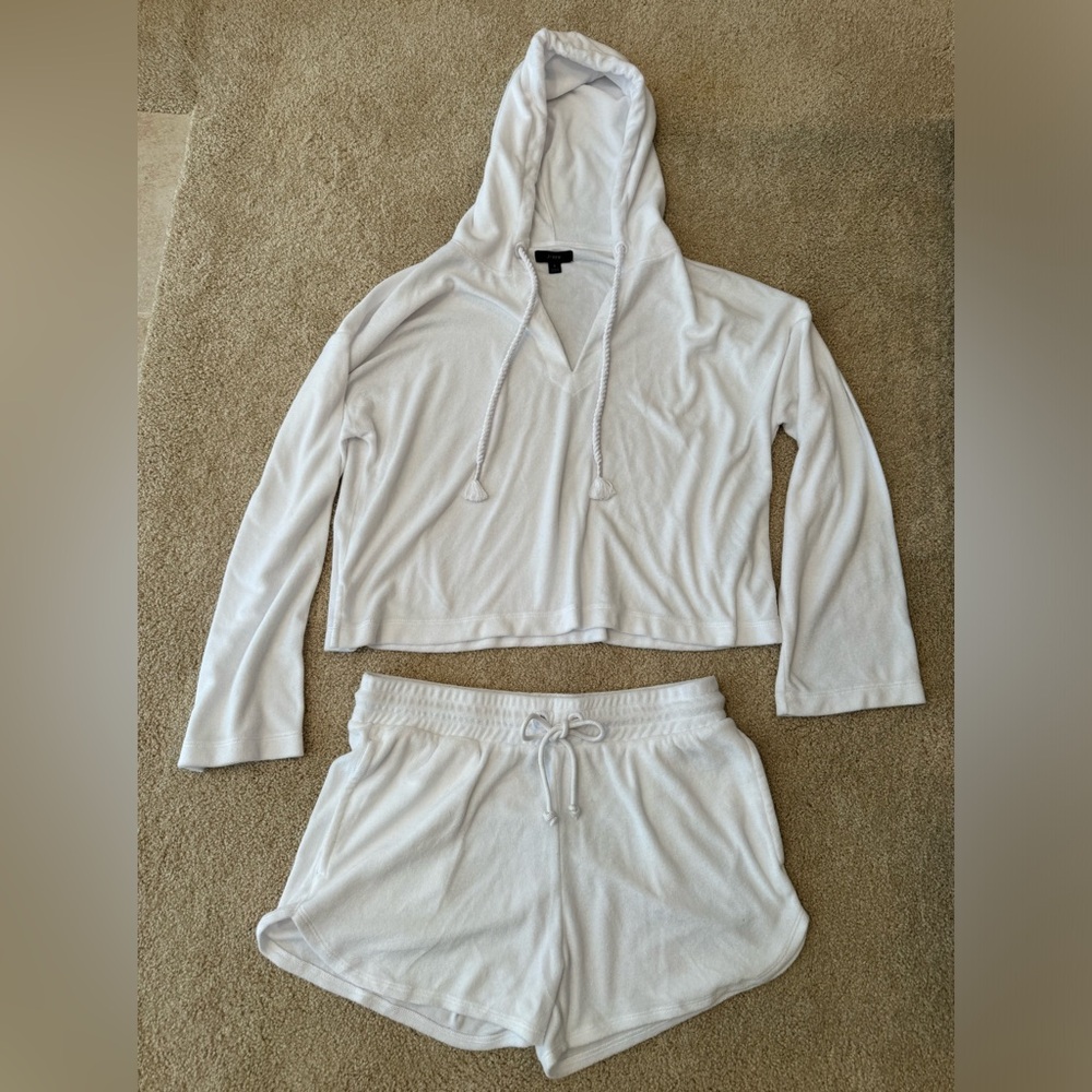 J.Crew cropped terry cloth white hooded sweatshirt and short set